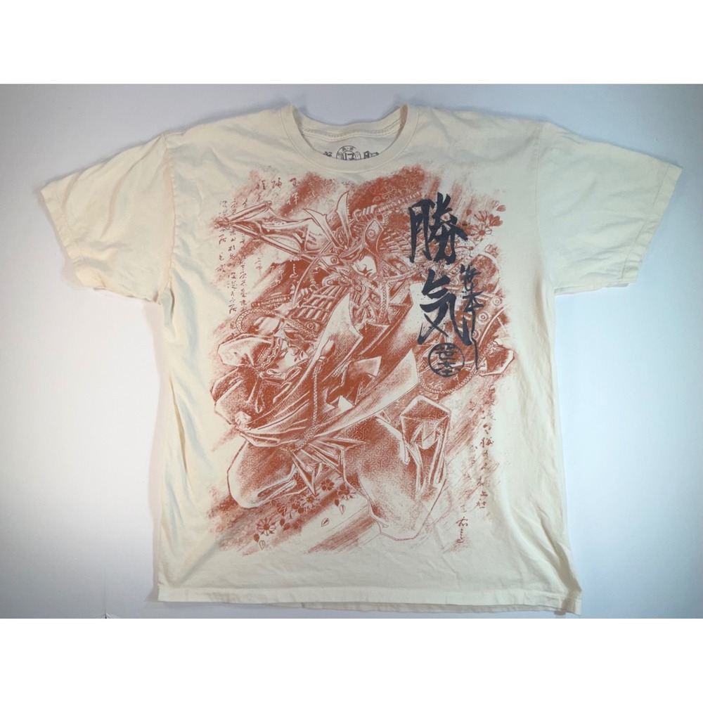 47 Ronin Samurai Graphic T-Shirt Mens XL Cream Red Japanese Calligraphy Cotton